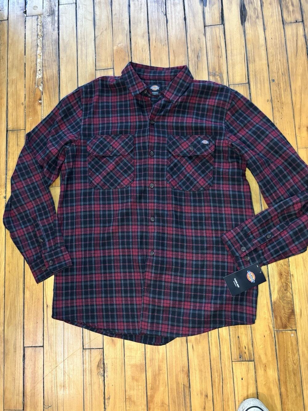 New! Dickies Long Sleeve Flannel Work Shirt in Tibetan Red - Men’s Medium